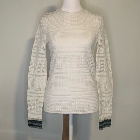 Tibi White Eyelet Semi-Sheer Long Sleeve Top W/Sparkly Shimmer Striped Cuffs 6 - Picture 2 of 14